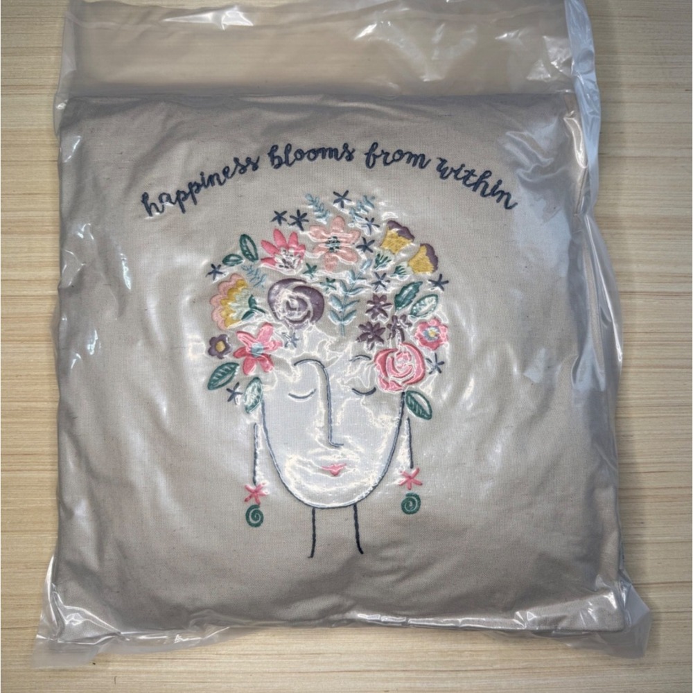 14" Beige Throw Pillow Embroidered "Happiness Blooms From Within" Plant SEALED